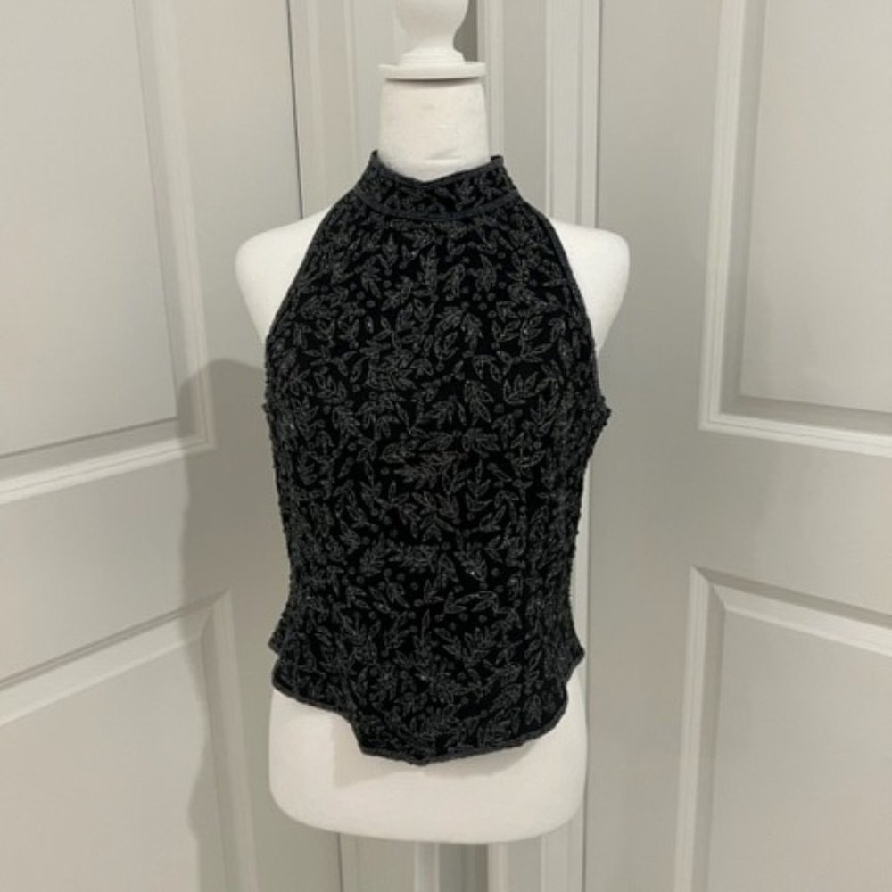 PAPELL BOUTIQUE EVENING BEADED TOP - BLACK - PETITE MEDIUM